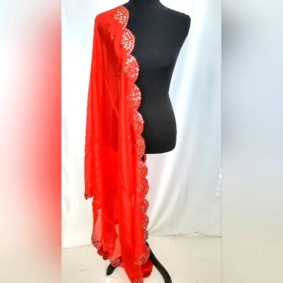 Elegant Red Silk Scarf/ Dupatta with Cut Work And Mirror Embellishments - Picture 1 of 1